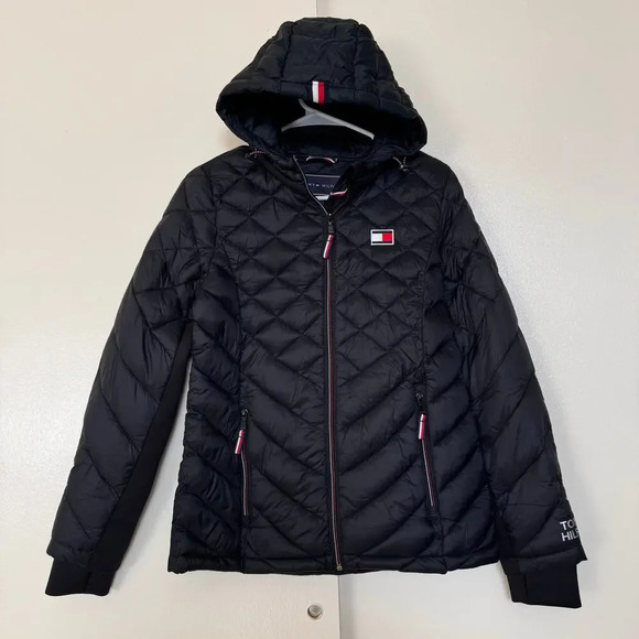 Tommy Hilfiger Wome Navy/black Puffer Jacket Quilted Packable Hooded Full Zip Sm - Picture 5 of 10